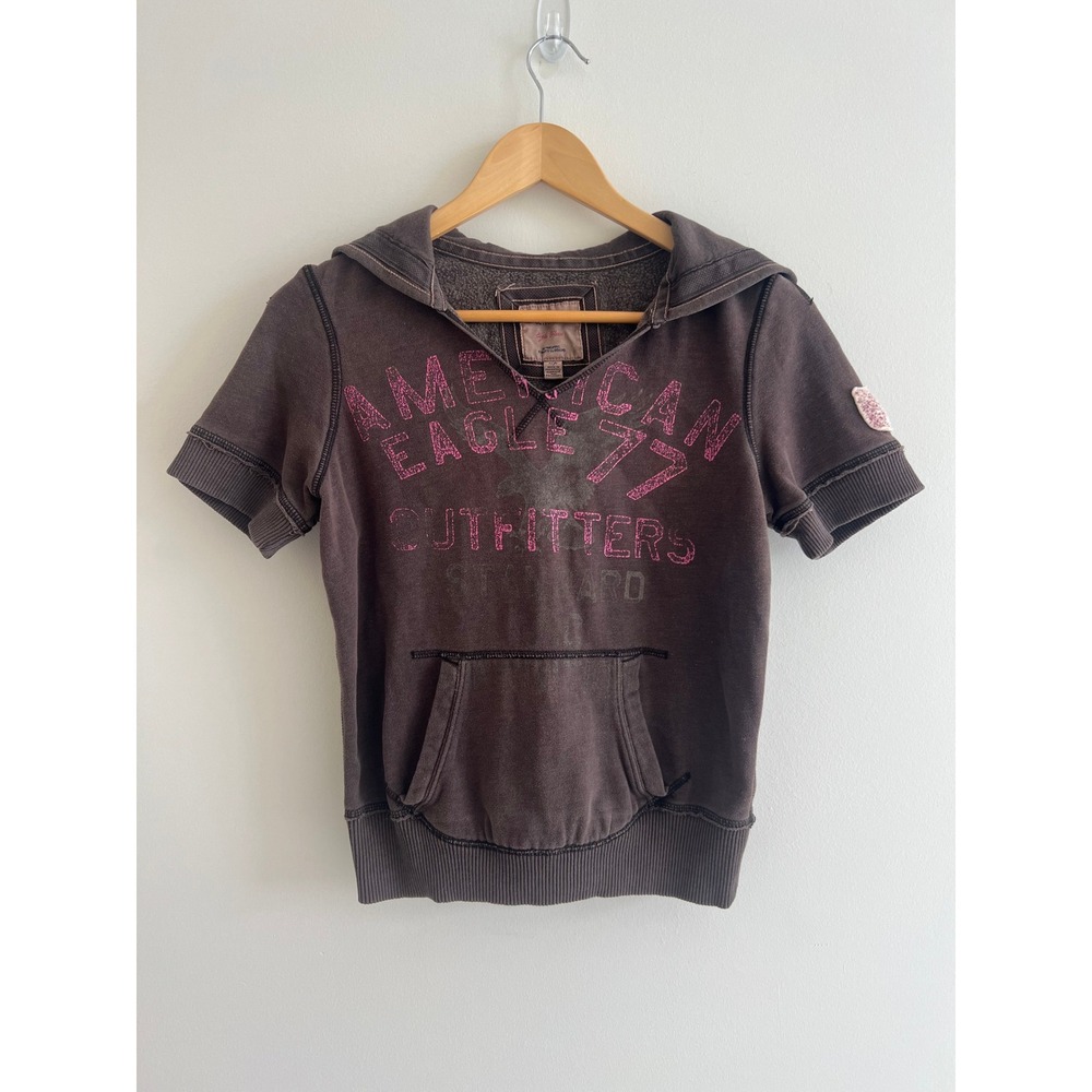 American Eagle Short Sleeve Hoodie Brown Pink Y2K 2000s Indie Retro Sweatshirt